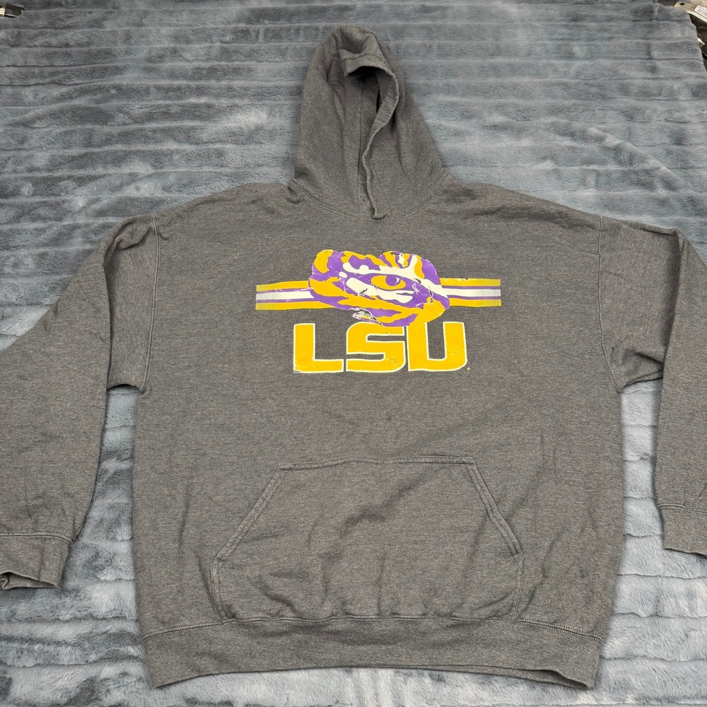 Captivating LSU Tigers Hoodie Mens XL Gray Fleece Pullover Sweatshirt 13827